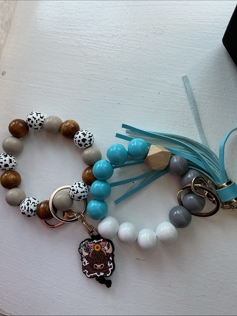 Beaded Wrist Keychain Set - Turquoise & Neutral Mix. New